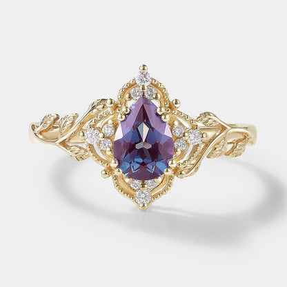 Pear Cut Alexandrite Nature Inspired Leaf Engagement Ring