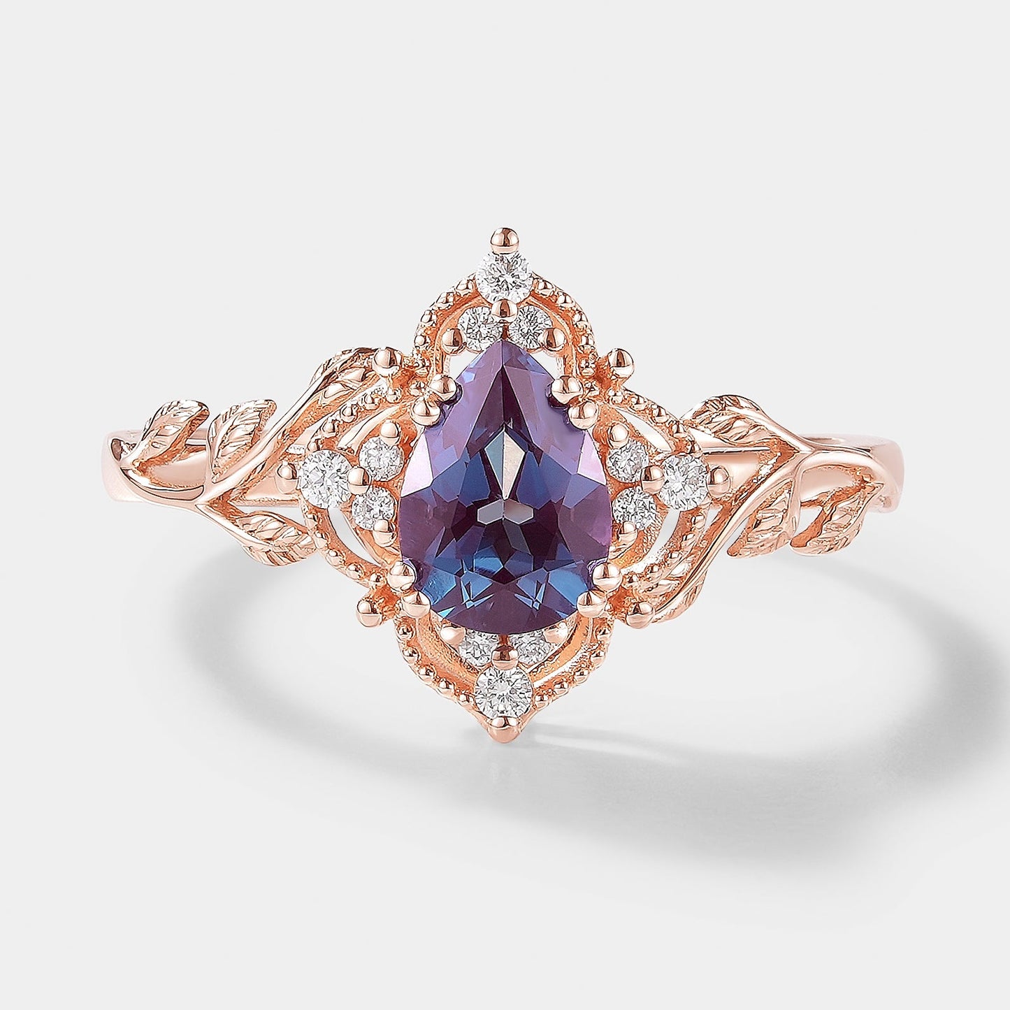 Pear Cut Alexandrite Nature Inspired Leaf Engagement Ring