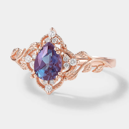 Pear Cut Alexandrite Nature Inspired Leaf Engagement Ring