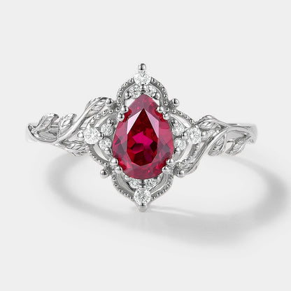 Pear Cut Lab Ruby Ring Nature Inspired Leaf Engagement Ring