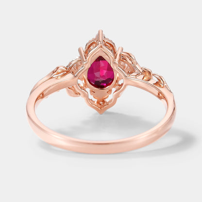 Pear Cut Lab Ruby Ring Nature Inspired Leaf Engagement Ring