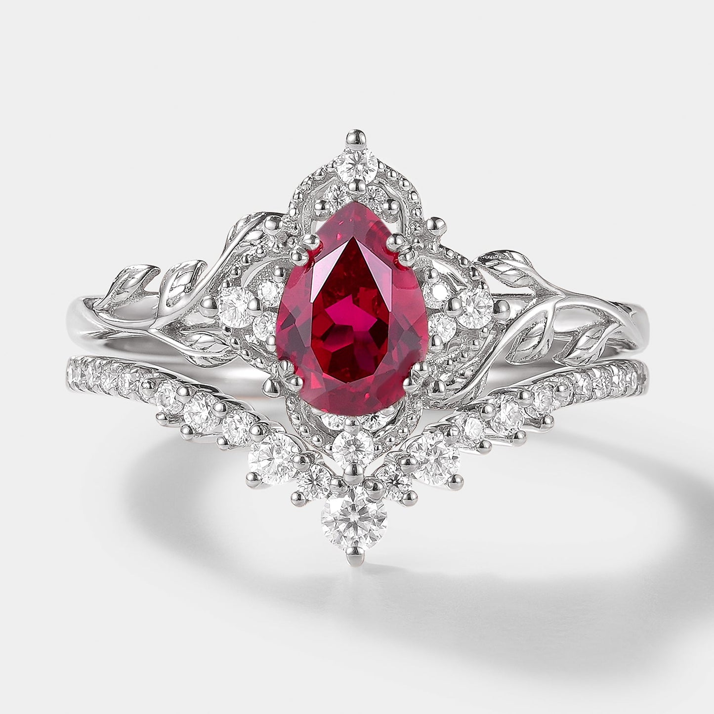 Lab Ruby Nature Inspired Leaf Engagement Ring Set Curved Wedding Band 2pcs