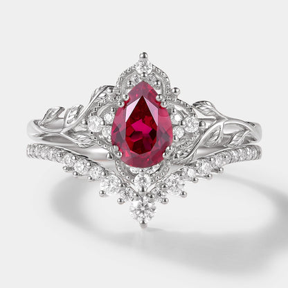 Lab Ruby Nature Inspired Leaf Engagement Ring Set Curved Wedding Band 2pcs