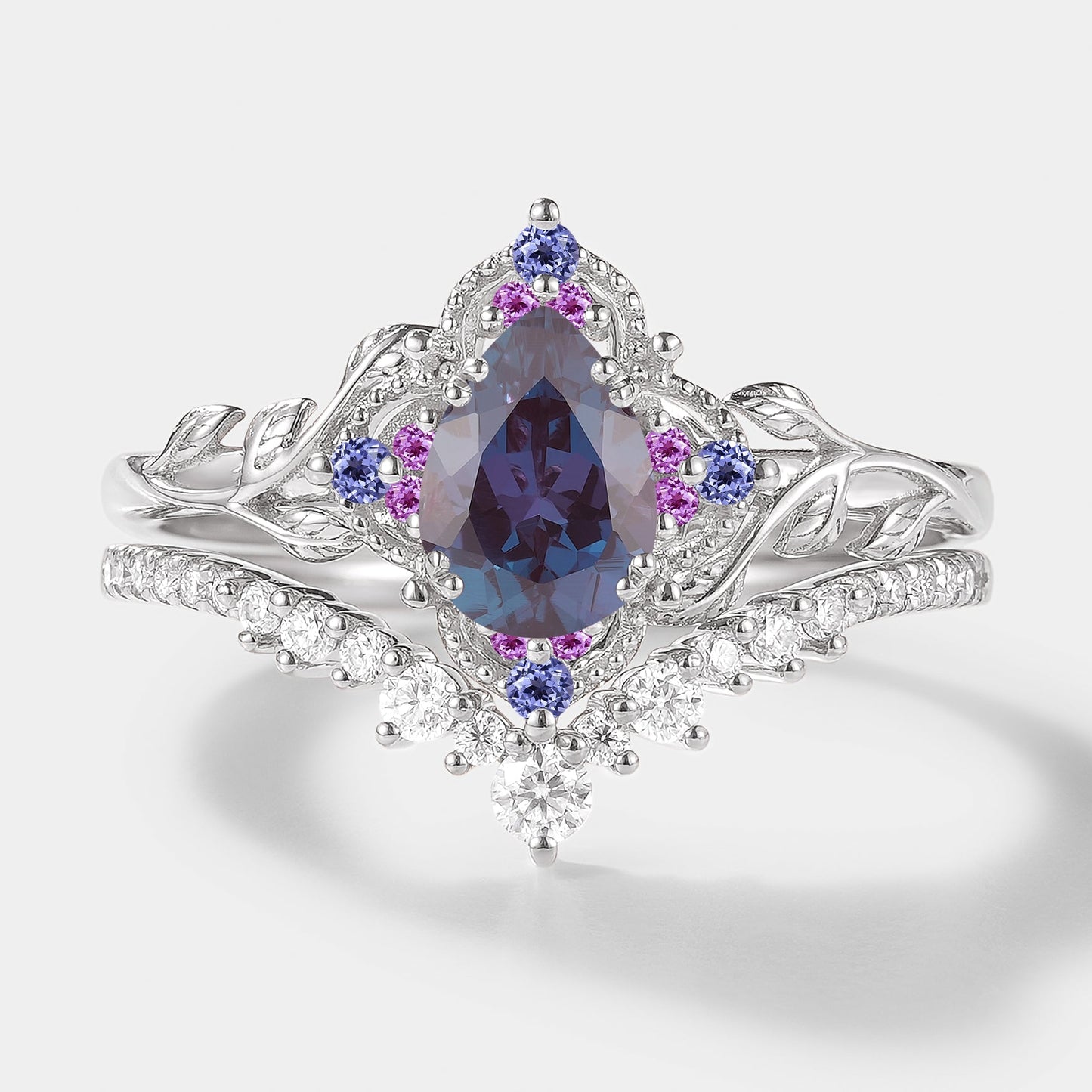 Nature Inspired Leaf Alexandrite Engagement Ring Set 2pcs