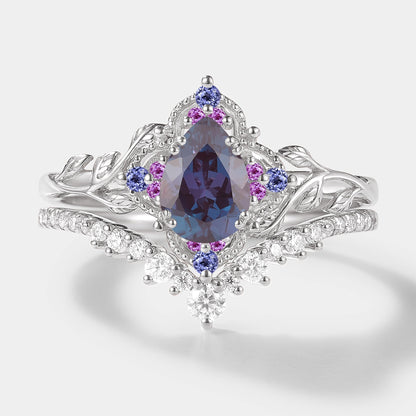 Nature Inspired Leaf Alexandrite Engagement Ring Set 2pcs