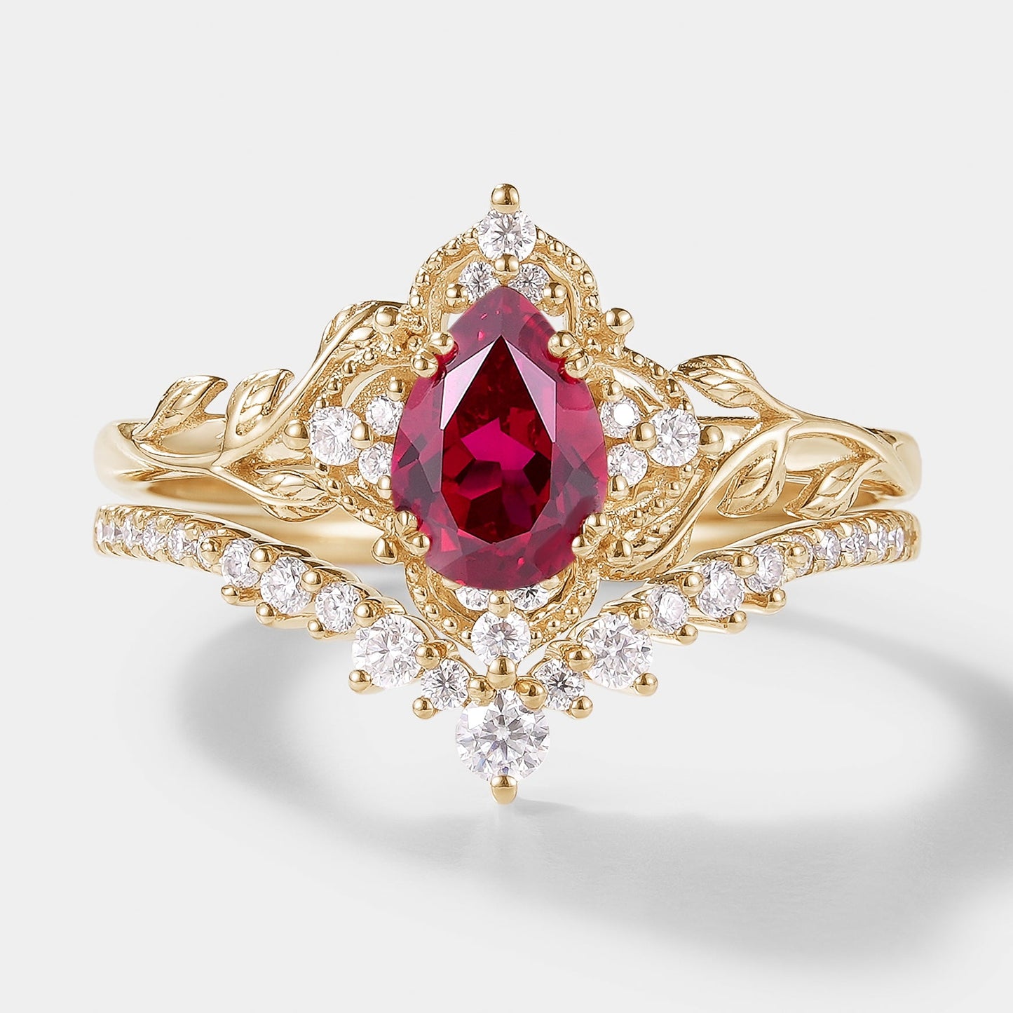 Lab Ruby Nature Inspired Leaf Engagement Ring Set Curved Wedding Band 2pcs