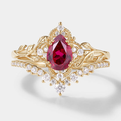 Lab Ruby Nature Inspired Leaf Engagement Ring Set Curved Wedding Band 2pcs