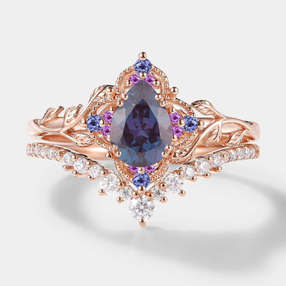 Nature Inspired Leaf Alexandrite Engagement Ring Set 2pcs