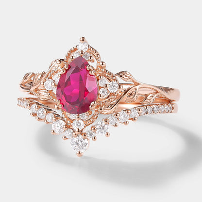 Lab Ruby Nature Inspired Leaf Engagement Ring Set Curved Wedding Band 2pcs