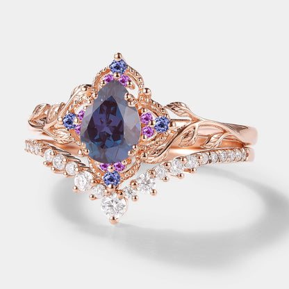 Nature Inspired Leaf Alexandrite Engagement Ring Set 2pcs