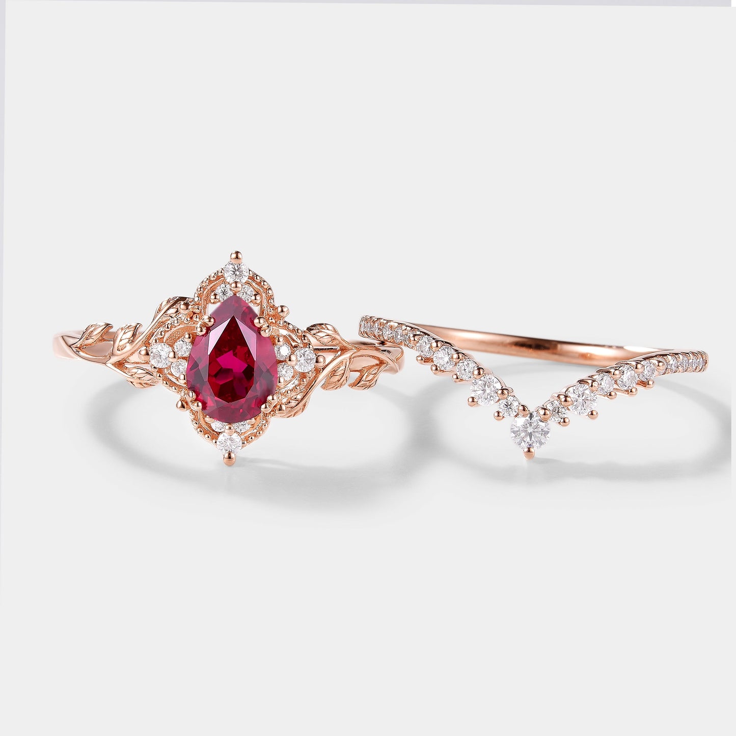 Lab Ruby Nature Inspired Leaf Engagement Ring Set Curved Wedding Band 2pcs