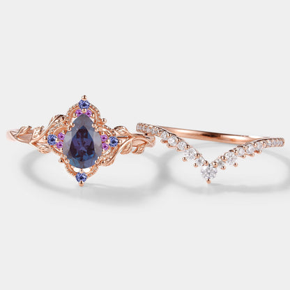 Nature Inspired Leaf Alexandrite Engagement Ring Set 2pcs