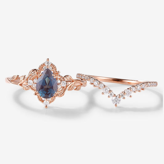 Pear Cut Alexandrite Leaf Bridal Sets 2pcs