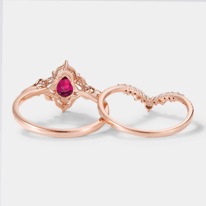 Lab Ruby Nature Inspired Leaf Engagement Ring Set Curved Wedding Band 2pcs