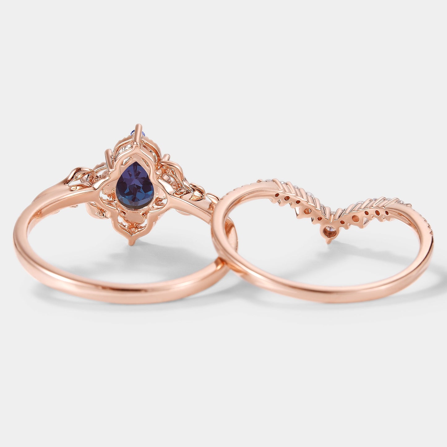 Nature Inspired Leaf Alexandrite Engagement Ring Set 2pcs