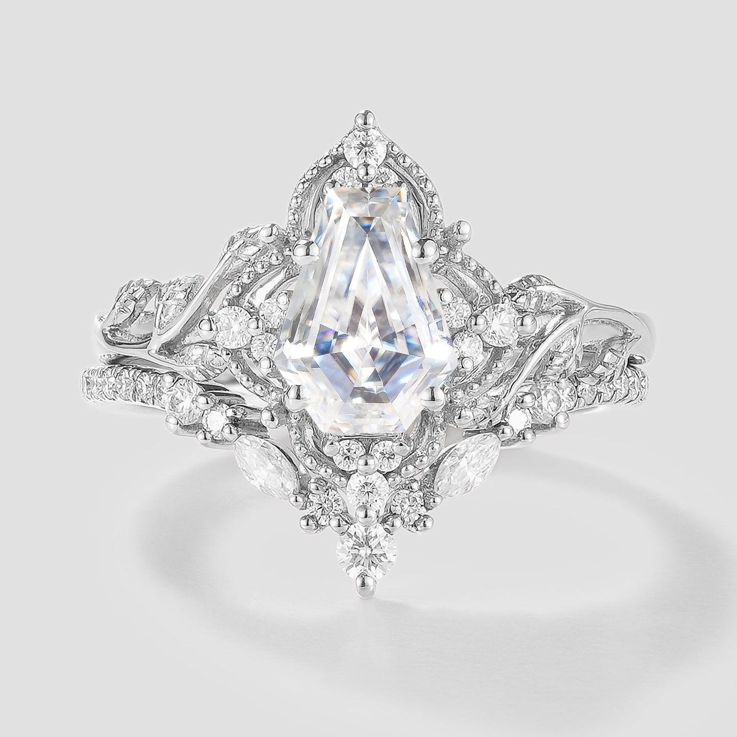 Unique Coffin Cut Moissanite Engagement Ring Leaf Bridal Set 2pcs