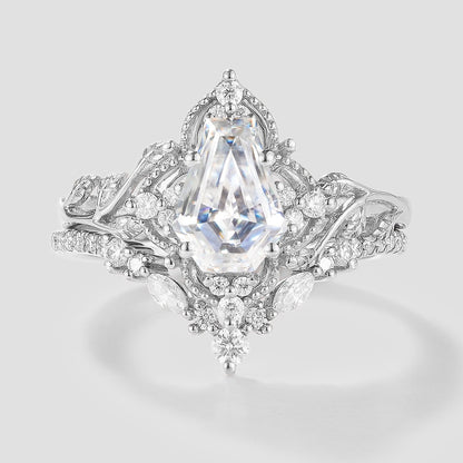 Unique Coffin Cut Moissanite Engagement Ring Leaf Bridal Set 2pcs