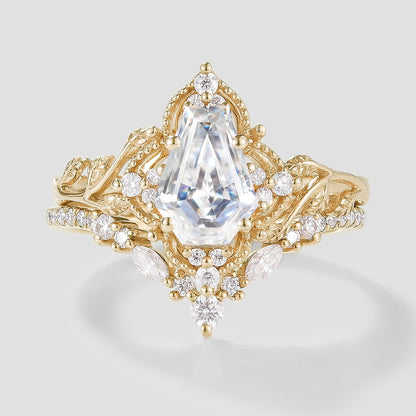 Unique Coffin Cut Moissanite Engagement Ring Leaf Bridal Set 2pcs