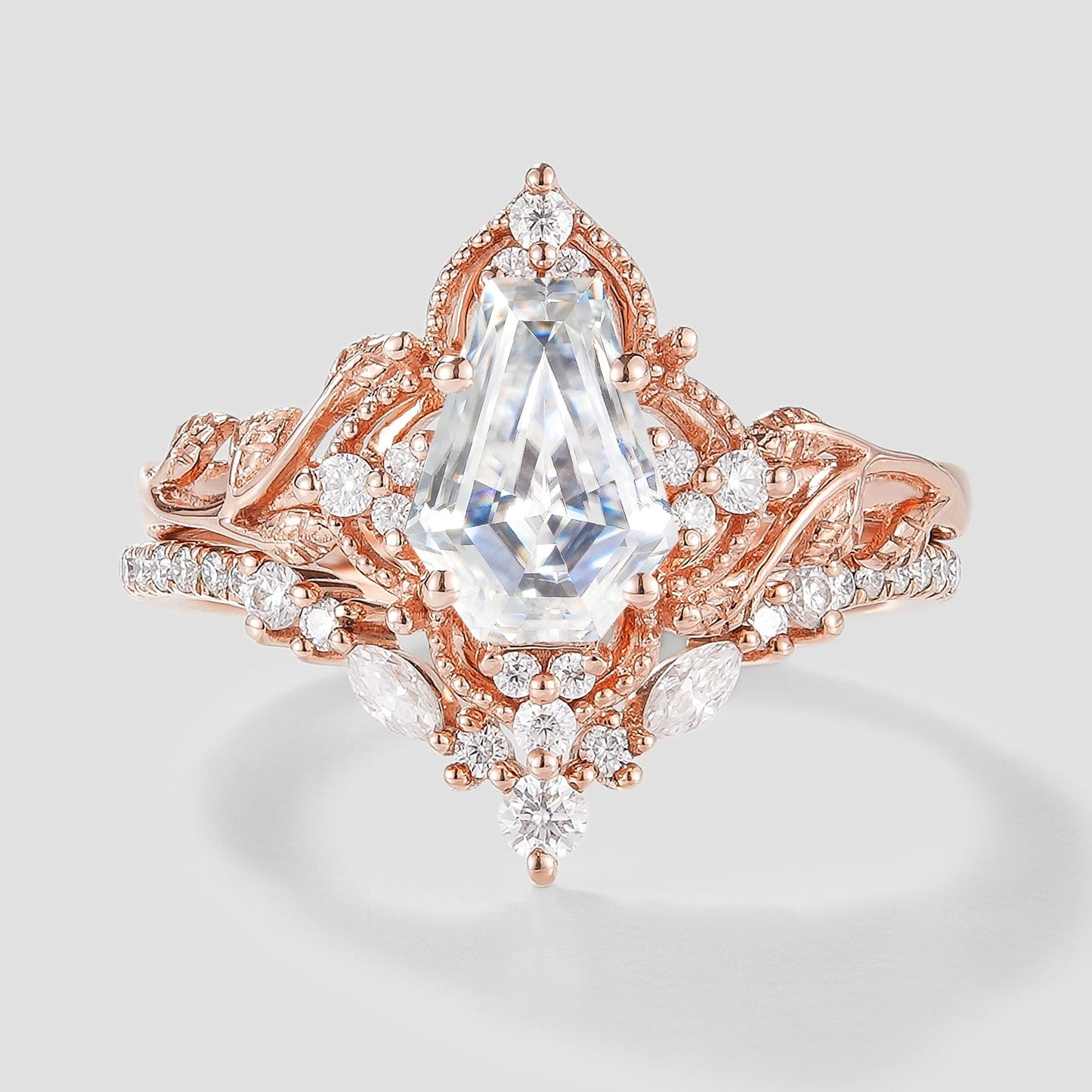 Unique Coffin Cut Moissanite Engagement Ring Leaf Bridal Set 2pcs