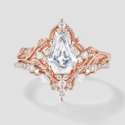 Unique Coffin Cut Moissanite Engagement Ring Leaf Bridal Set 2pcs