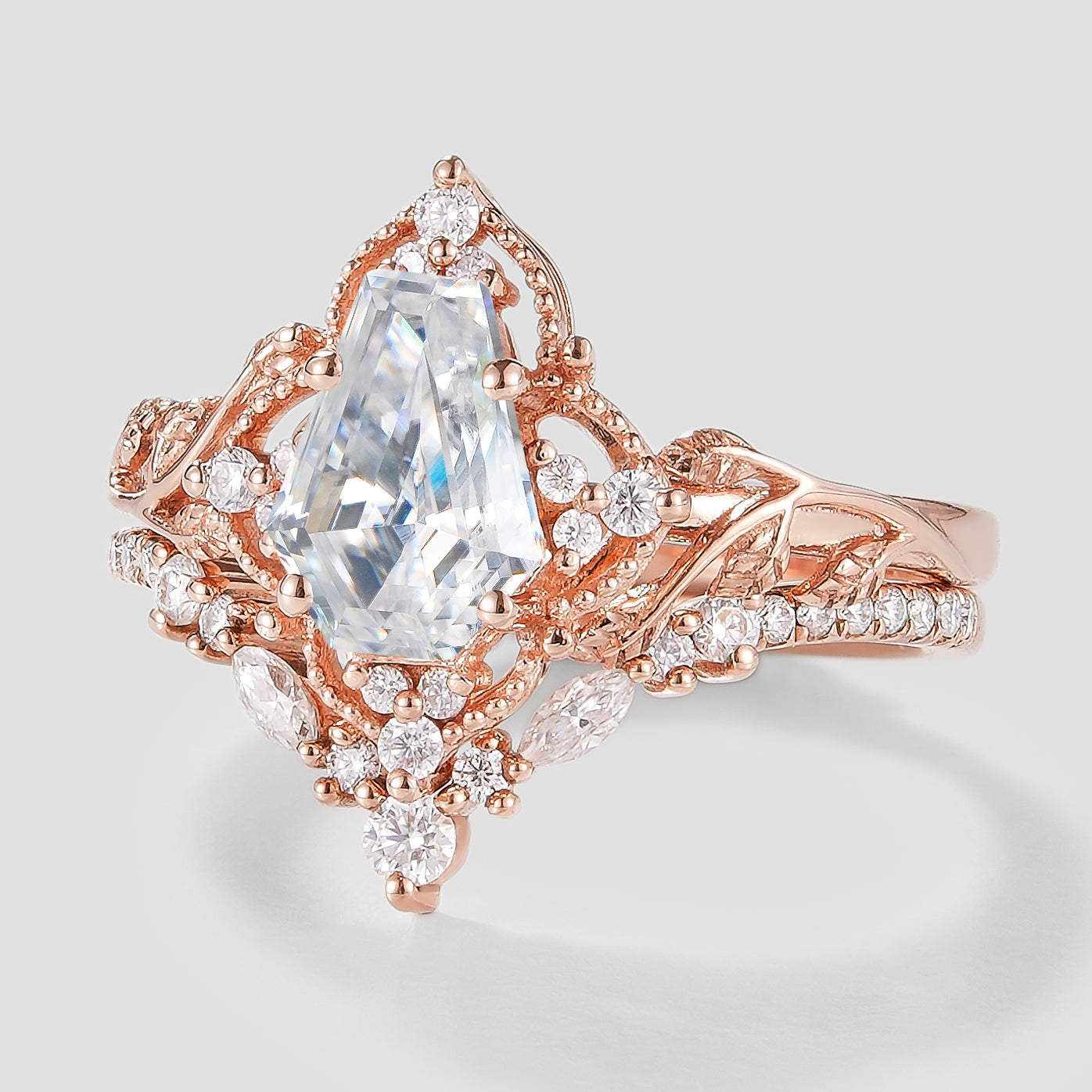 Unique Coffin Cut Moissanite Engagement Ring Leaf Bridal Set 2pcs