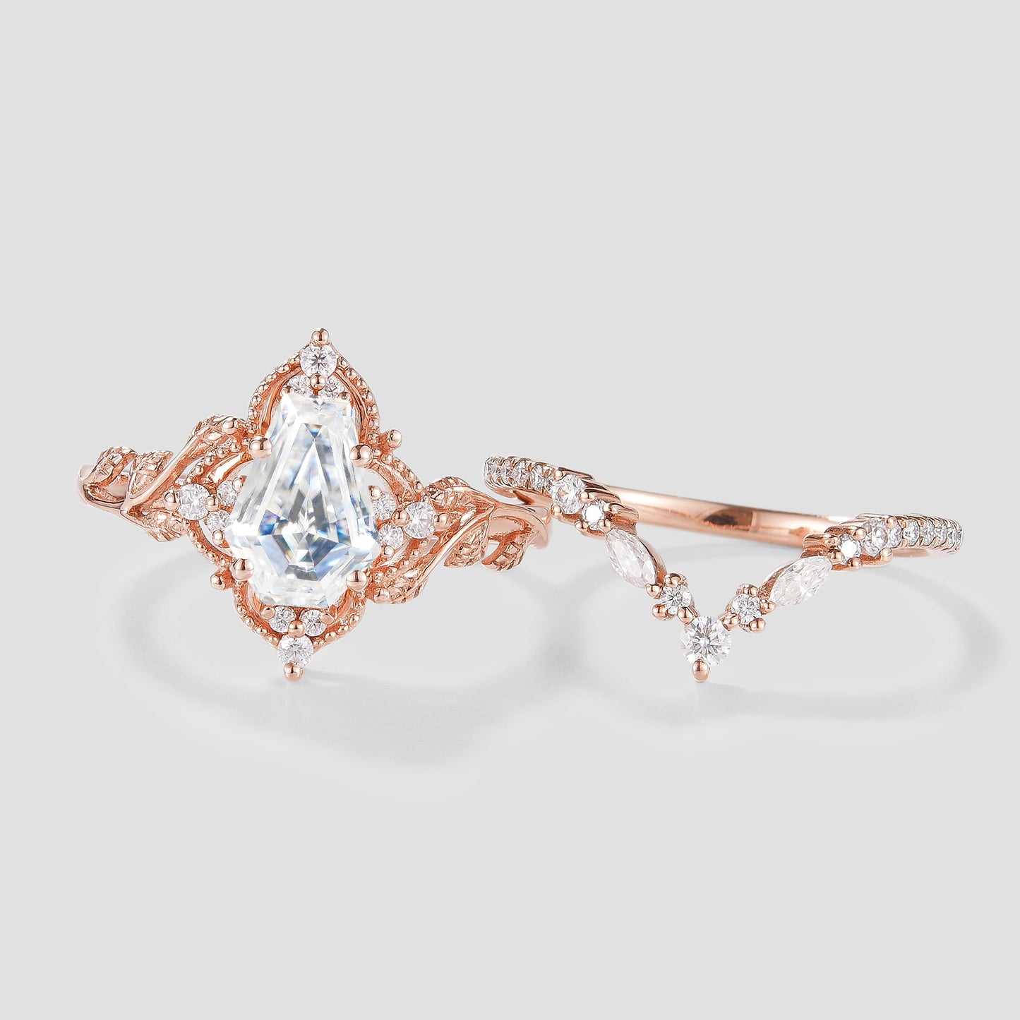 Unique Coffin Cut Moissanite Engagement Ring Leaf Bridal Set 2pcs