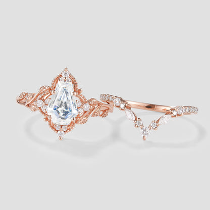 Unique Coffin Cut Moissanite Engagement Ring Leaf Bridal Set 2pcs