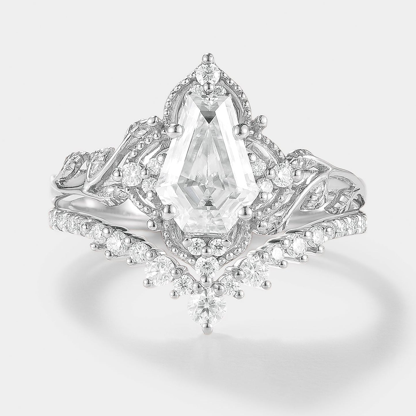 Coffin Cut Moissanite Leaf Engagement Ring Curved Wedding Band 2pcs