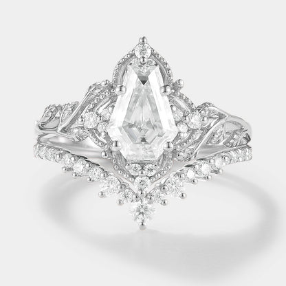 Coffin Cut Moissanite Leaf Engagement Ring Curved Wedding Band 2pcs