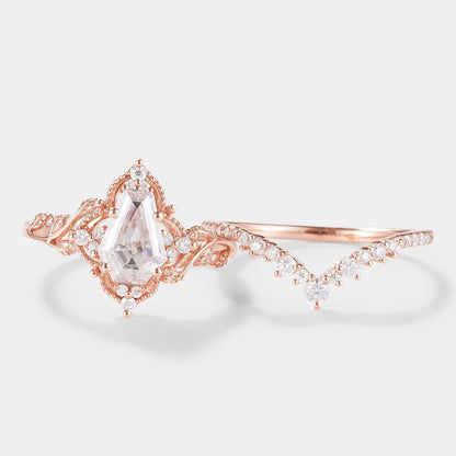 Coffin Cut Moissanite Leaf Engagement Ring Curved Wedding Band 2pcs