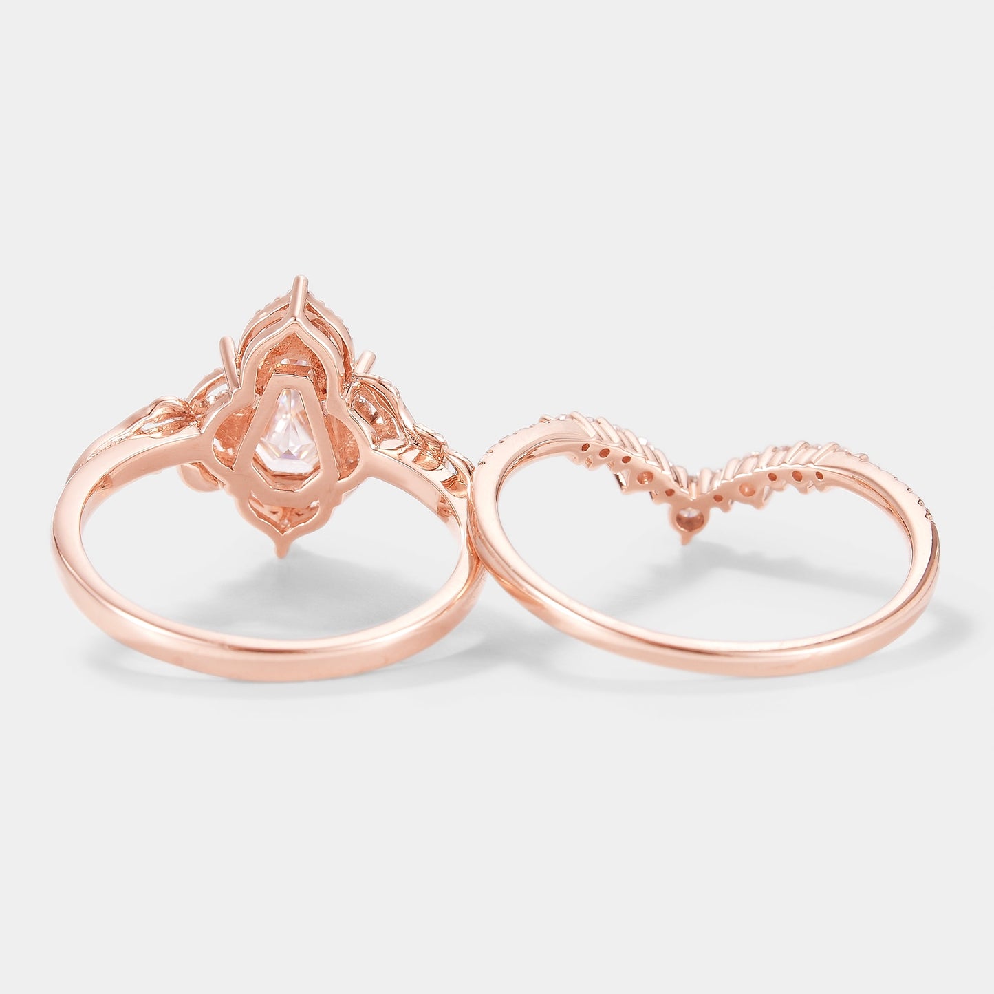 Coffin Cut Moissanite Leaf Engagement Ring Curved Wedding Band 2pcs