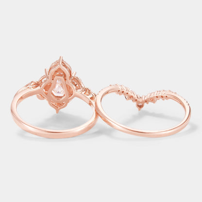 Coffin Cut Moissanite Leaf Engagement Ring Curved Wedding Band 2pcs