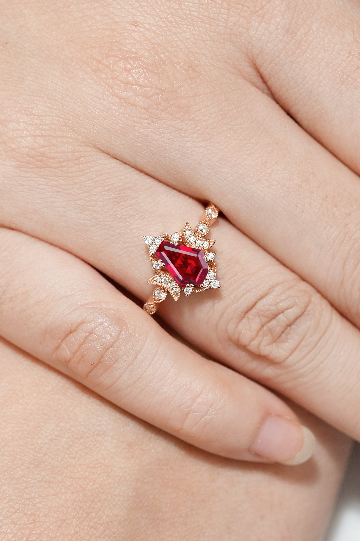 Unique Moon Design Coffin Cut Ruby Anniversary Ring