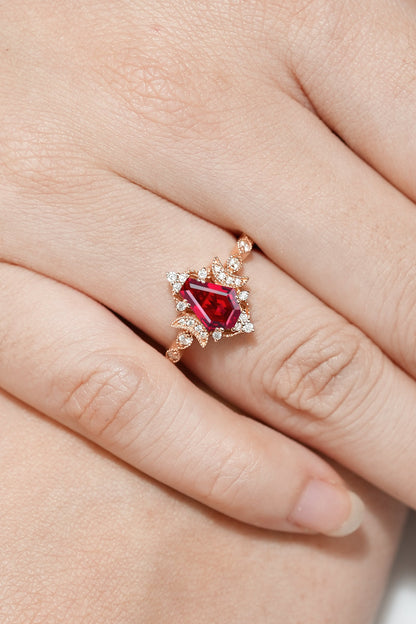 Unique Moon Design Coffin Cut Ruby Anniversary Ring
