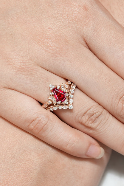 Coffin Cut Ruby Engagement Ring Bridal Set 2pcs