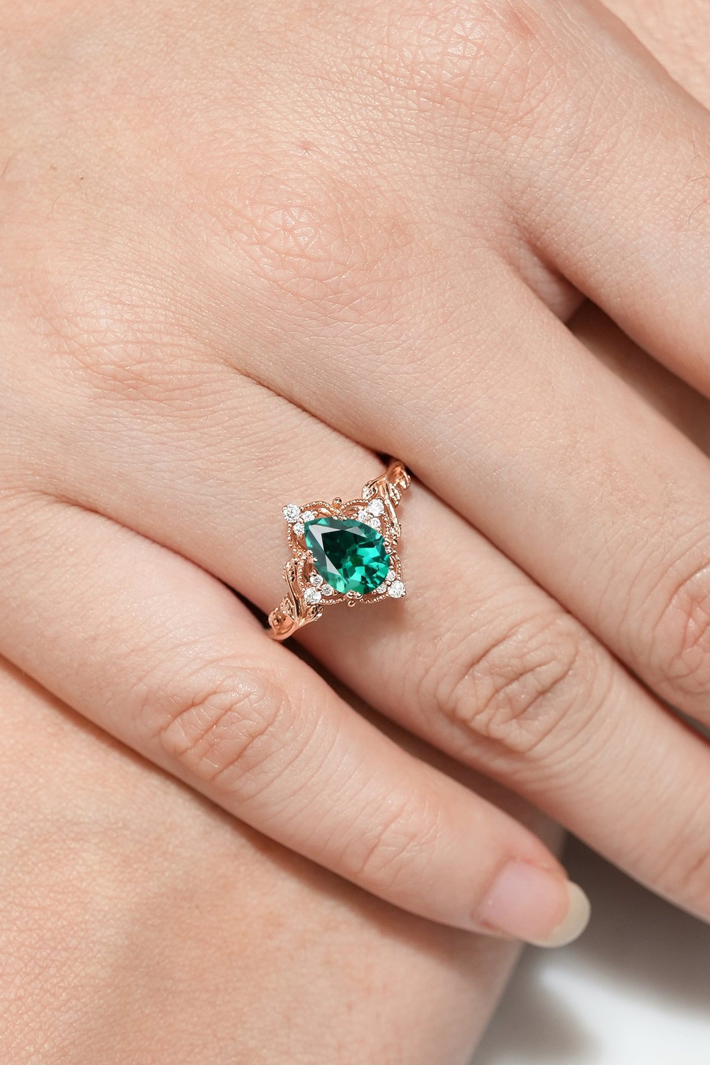 Nature Inspired Leaf Engagement Ring Pear Cut Lab Emerald Ring