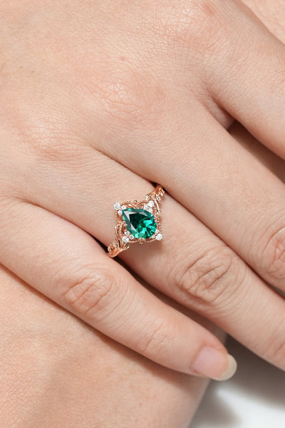 Nature Inspired Leaf Engagement Ring Pear Cut Lab Emerald Ring