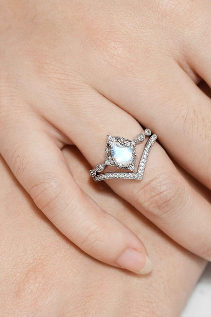 Pear Cut Moonstone Straight Moissanite Engagement Ring with V Shape Wedding Band