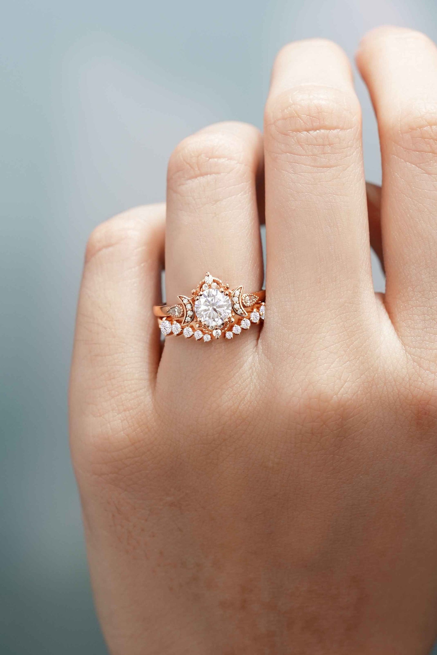 Unique Round Moissanite Engagement Ring Set With 2 Moons Open Wedding Band