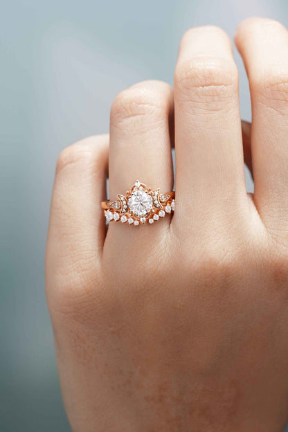 Unique Round Moissanite Engagement Ring Set With 2 Moons Open Wedding Band