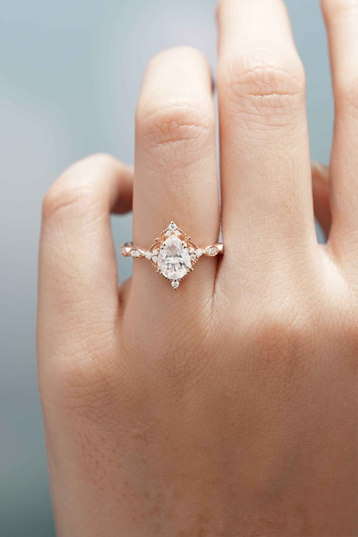 Vintage Pear Cut Moissanite Engagement Ring Rose Gold Ring
