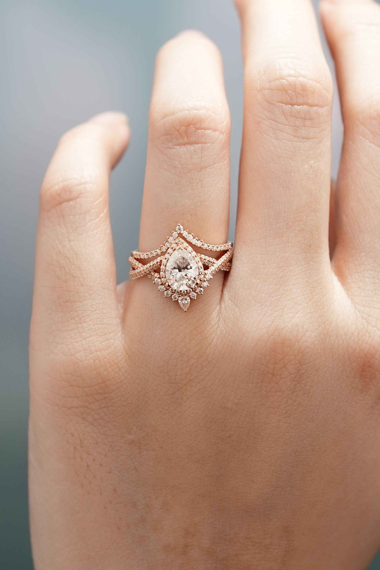 Unique Pear Cut Halo Infinity Twisted Moissanite Ring Bridal Set 2pcs
