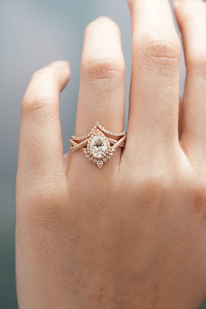 Unique Pear Cut Halo Infinity Twisted Moissanite Ring Bridal Set 2pcs