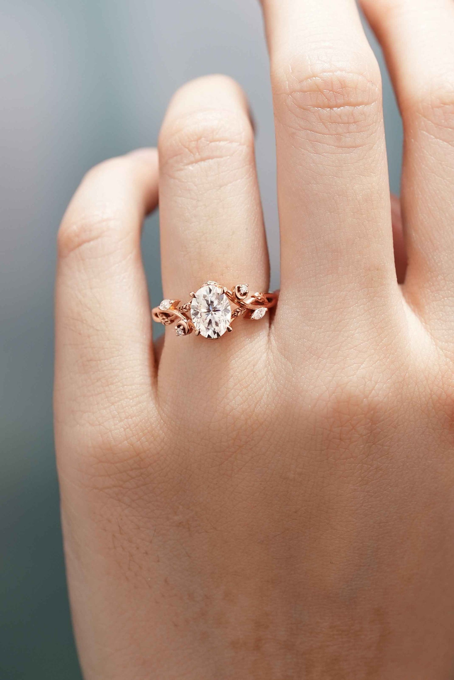 Nature Inspired Leaf Shaped Oval Moissanite Engagement Ring