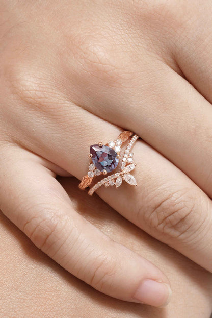 Classic Pear Cut Alexandrite Engagement Ring Set Half Eternity Moissanite Wedding Band