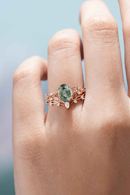Nature Inspired Oval Cut Green Sapphire Engagement Ring Set 2pcs