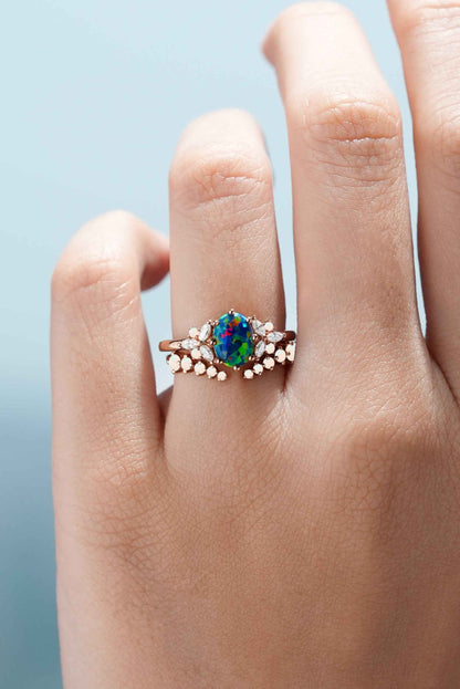 1.5ct Oval Opal Rose Gold  Engagement Ring Set 2pcs