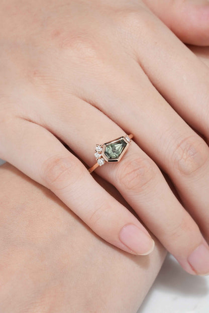 Unique Coffin Cut Green Sapphire Engagement Ring Handmade Ring