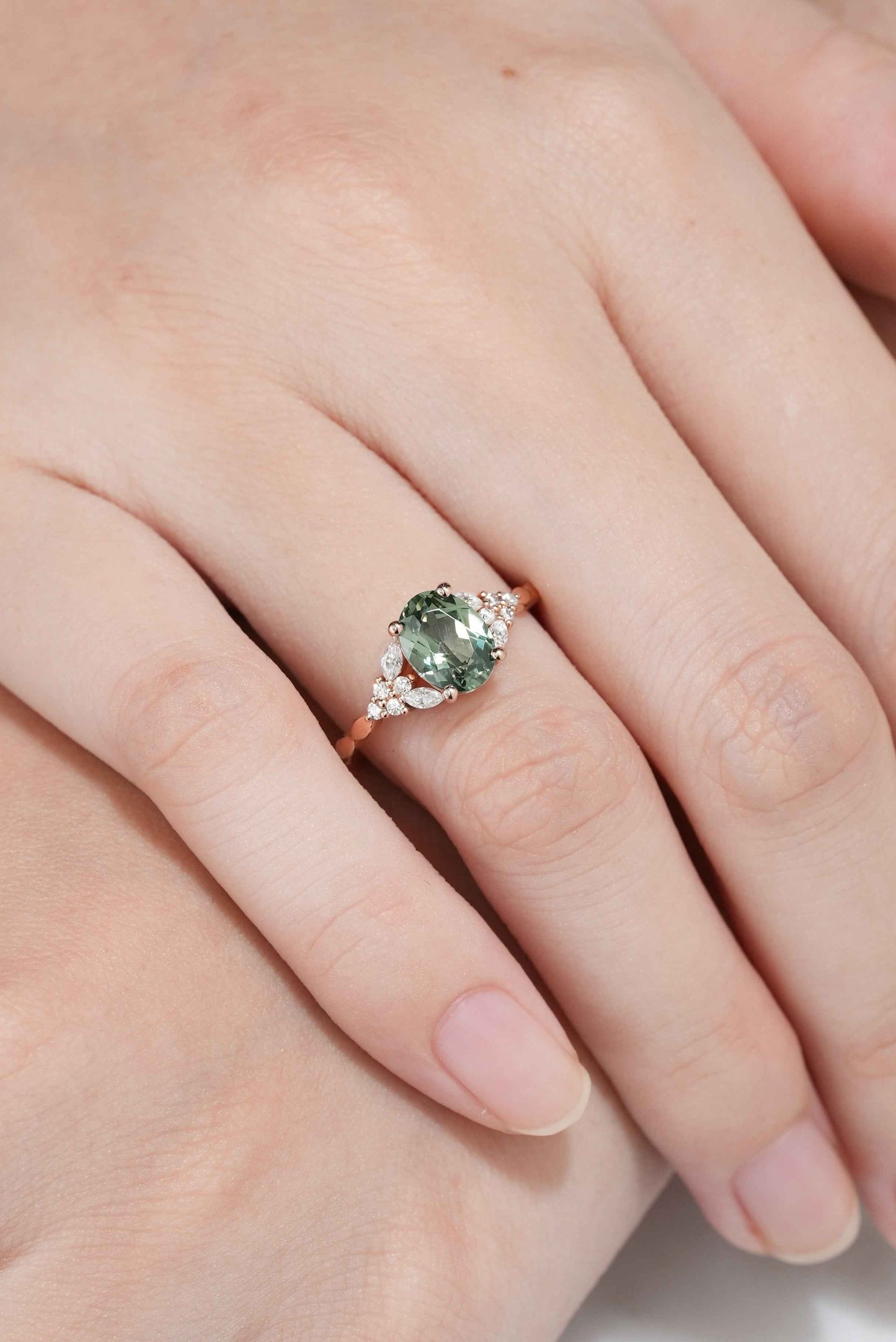 Gold Oval Cut Green Sapphire Engagement Ring