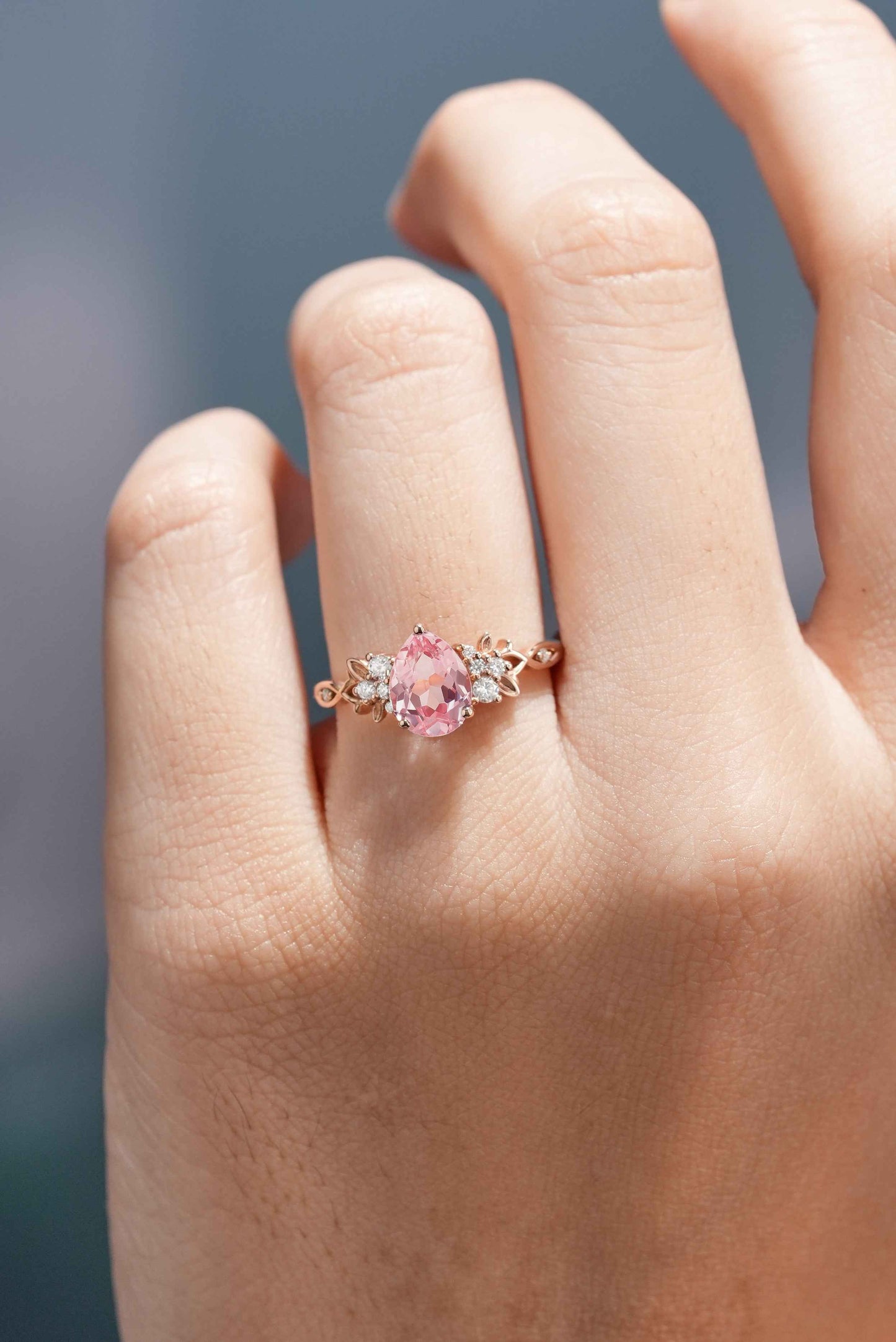 Natural Inspired Leaf Ring Pear Cut Padparadscha Engagement Ring